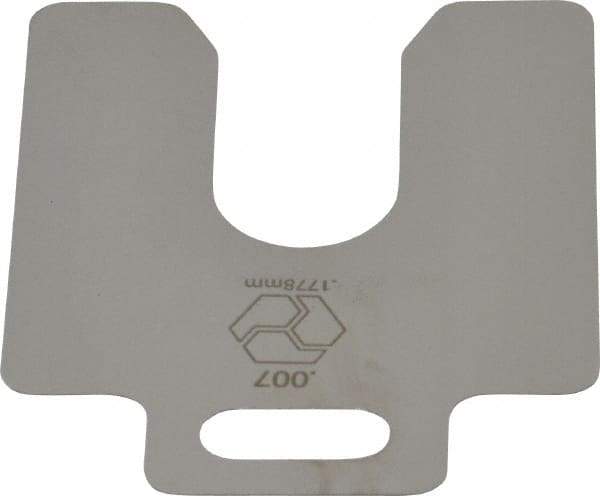 Made in USA - 20 Piece, 2 Inch Long x 2 Inch Wide x 0.007 Inch Thick, Slotted Shim Stock - Stainless Steel, 5/8 Inch Wide Slot - Exact Tool & Supply