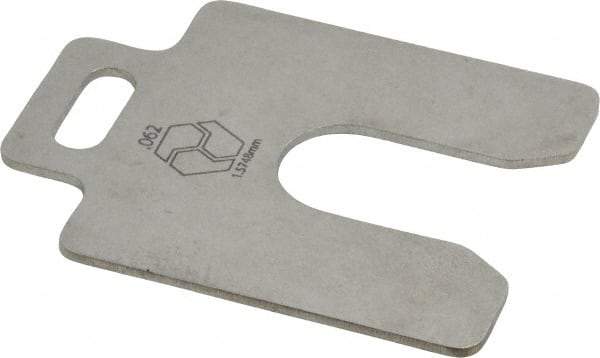 Made in USA - 10 Piece, 2 Inch Long x 2 Inch Wide x 0.062 Inch Thick, Slotted Shim Stock - Stainless Steel, 5/8 Inch Wide Slot - Exact Tool & Supply