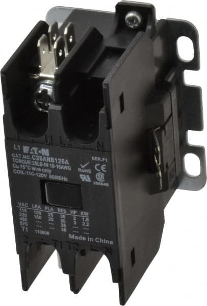 Eaton Cutler-Hammer - 1 Pole, 25 Amp Inductive Load, 110 to 120 Coil VAC at 50/60 Hz, Nonreversible Definite Purpose Contactor - Exact Tool & Supply
