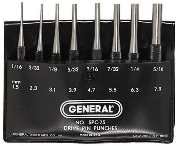 General - 8 Piece, 1/16 to 5/16", Pin Punch Set - Comes in Plastic Case - Exact Tool & Supply
