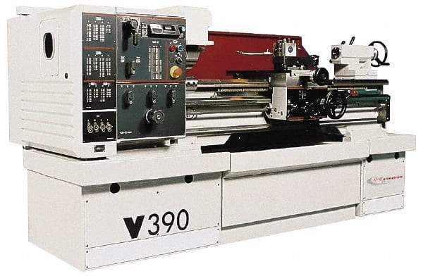 Clausing - 15-3/4" Swing, 50" Between Centers, 208/230/460 Volt, Triple Phase Engine Lathe - 4MT Taper, 10 hp, 14 to 2,500 RPM, 2-1/8" Bore Diam, 53" Deep x 65" High x 107" Long - Exact Tool & Supply