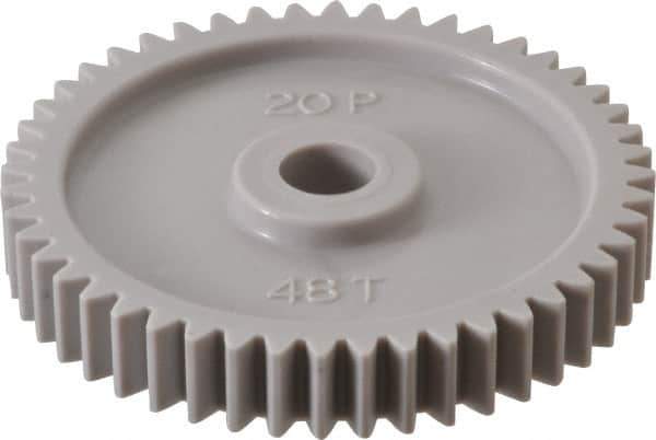 Made in USA - 20 Pitch, 2.4" Pitch Diam, 2-1/2" OD, 48 Tooth Spur Gear - 3/8" Face Width, 3/8" Bore Diam, 47/64" Hub Diam, 20° Pressure Angle, Acetal - Exact Tool & Supply