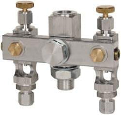 LDI Industries - 5/8-18 Outlet Thread, 1/4 Inlet Thread, Aluminum, Straight Valve, Oil Reservoir Needle Valve Manifold - 2 Outlet, 4-3/16" Wide, NPTF Inlet Thread, UNF Outlet Thread - Exact Tool & Supply