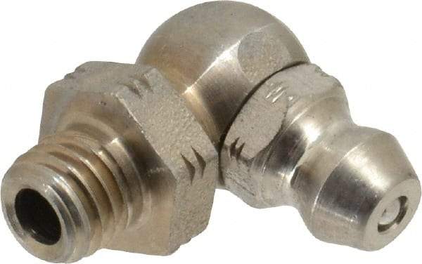Alemite - 90° Head Angle, 1/4-28 Taper Stainless Steel Standard Grease Fitting - 3/8" Hex, 3/4" Overall Height, 13/64" Shank Length - Exact Tool & Supply