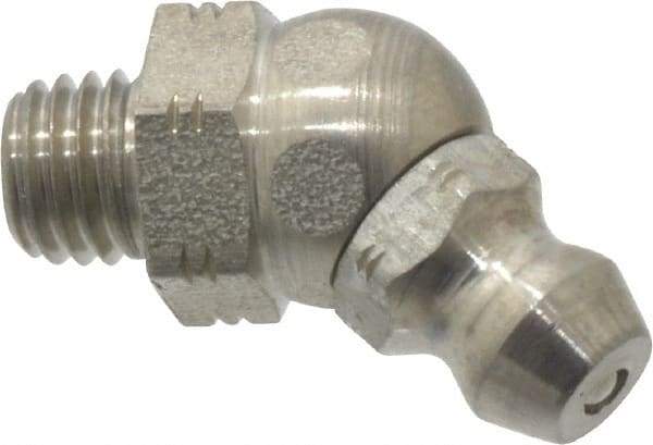 Alemite - 45° Head Angle, 1/4-28 Taper Stainless Steel Standard Grease Fitting - 3/8" Hex, 13/16" Overall Height, 13/64" Shank Length - Exact Tool & Supply