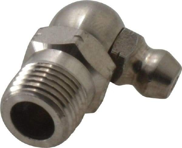 Alemite - 90° Head Angle, 1/8 PTF Nickel/Copper Standard Grease Fitting - 7/16" Hex, 7/8" Overall Height, 11/32" Shank Length - Exact Tool & Supply