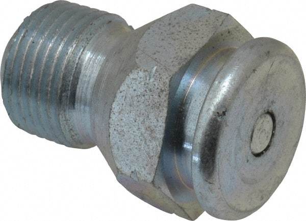 Alemite - Straight Head Angle, 3/8 NPTF Button-Head Grease Fitting - 7/8" Hex, 1-5/16" Overall Height, 9/16" Shank Length, 15,000 Operating psi, Zinc Plated Finish - Exact Tool & Supply