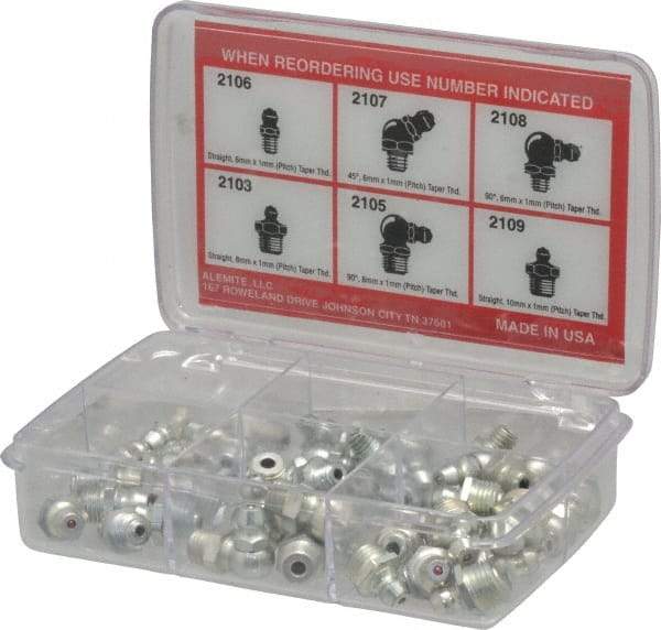 Alemite - 44 Piece, Metric, Box Grease Fitting Set - Includes Metric Thread Types, Includes M10x1: (10) Straight, M6x1: (10) Straight, (6) 45°, (6) 90°, M8x1: (6) Straight, (6) 90° - Exact Tool & Supply