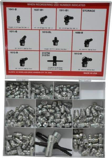 Alemite - 134 Piece, Inch, Box Nickel/Copper Grease Fitting Set - Includes PTF, Taper Thread Types, Includes 1/4-28 NPT: (24) Straight, (12) 45°, (12) 90°, 1/8 PTF: (36) Straight, (12) 30°, (12) 45°, (12) 90° - Exact Tool & Supply