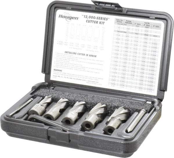 Hougen - 8 Piece, 9/16 to 1-1/16" Cutter Diam, 1" Cutting Depth, High Speed Steel Annular Cutter Set - Bright Finish, 3/4" Shank Diam, 9/16, 11/16, 13/16, 15/16, 1-1/16" Cutter Diams, 2 Flats on Shank - Exact Tool & Supply
