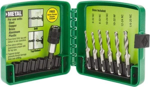 Greenlee - #6-32 to 1/4-20 UNC, 2-1/4" Overall Length, 1-1/4" Drill Length, High Speed Steel Combination Drill and Tap Set - 1/2" Thread Length, 2 Flutes, 6 Piece Set - Exact Tool & Supply