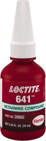 Loctite - 10 mL, Yellow, Low Strength Liquid Retaining Compound - Series 641, 24 hr Full Cure Time - Exact Tool & Supply