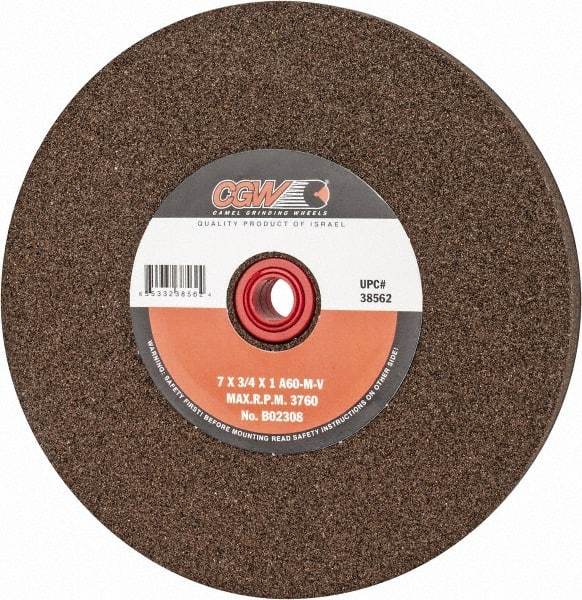 Camel Grinding Wheels - 60 Grit Aluminum Oxide Bench & Pedestal Grinding Wheel - 7" Diam x 1" Hole x 3/4" Thick, 3760 Max RPM, M Hardness, Medium Grade , Vitrified Bond - Exact Tool & Supply