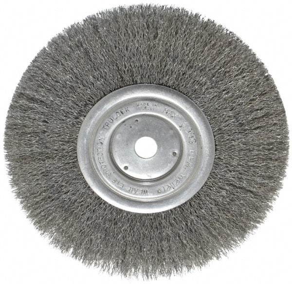 Weiler - 8" OD, 5/8" Arbor Hole, Crimped Steel Wheel Brush - 3/4" Face Width, 2-1/16" Trim Length, 0.0104" Filament Diam, 6,000 RPM - Exact Tool & Supply