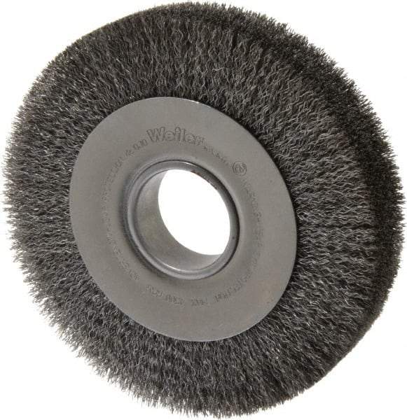 Weiler - 8" OD, 2" Arbor Hole, Crimped Steel Wheel Brush - 1-1/2" Face Width, 1-3/8" Trim Length, 0.0118" Filament Diam, 4,500 RPM - Exact Tool & Supply