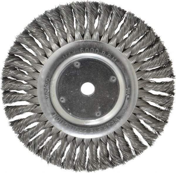 Weiler - 8" OD, 5/8" Arbor Hole, Knotted Steel Wheel Brush - 5/8" Face Width, 1-5/8" Trim Length, 0.014" Filament Diam, 6,000 RPM - Exact Tool & Supply