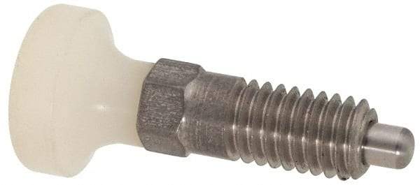 Vlier - M6x1.0, 13mm Thread Length, 0.118" Max Plunger Diam, 0.11 Lb Init to 0.34 Lb Final End Force, Knob Handle Plunger - Delrin Knob, 0.63" Body Length, 1/2" Length Under Head/Shoulder, 0.118" Plunger Projection - Exact Tool & Supply