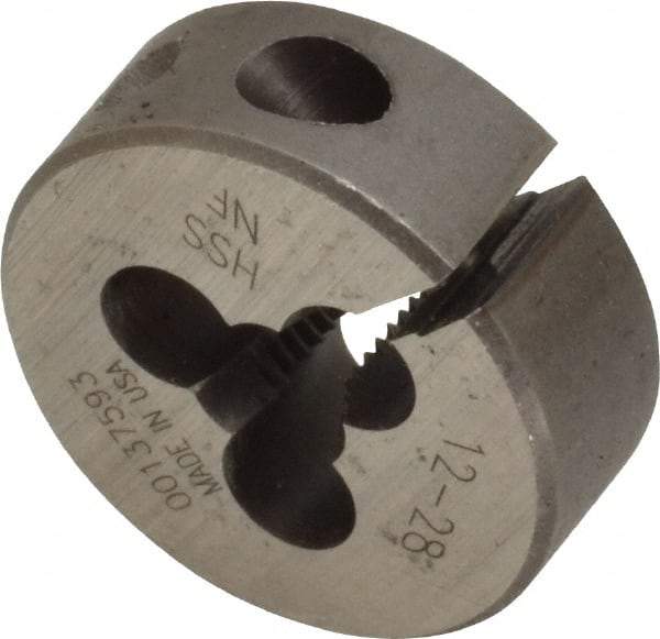 Made in USA - #12-28 UNF Thread, 1" Outside Diam High Speed Steel Round Die - 3/8" Thick, Right Hand Thread, Adjustable - Exact Tool & Supply