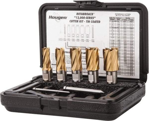 Hougen - 8 Piece, 9/16 to 1-1/16" Cutter Diam, 1" Cutting Depth, High Speed Steel Annular Cutter Set - TiN Finish, 3/4" Shank Diam, 9/16, 11/16, 13/16, 15/16, 1-1/16" Cutter Diams, 2 Flats on Shank - Exact Tool & Supply