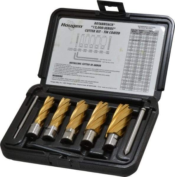 Hougen - 9 Piece, 9/16 to 1-1/16" Cutter Diam, 2" Cutting Depth, High Speed Steel Annular Cutter Set - TiN Finish, 3/4" Shank Diam, 9/16, 11/16, 13/16, 15/16, 1-1/16" Cutter Diams, 2 Flats on Shank - Exact Tool & Supply