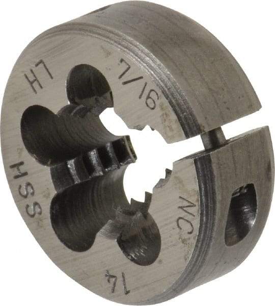 Interstate - 7/16-14 UNC Thread, 1" Outside Diam High Speed Steel Round Die - Left Hand Thread, Adjustable - Exact Tool & Supply