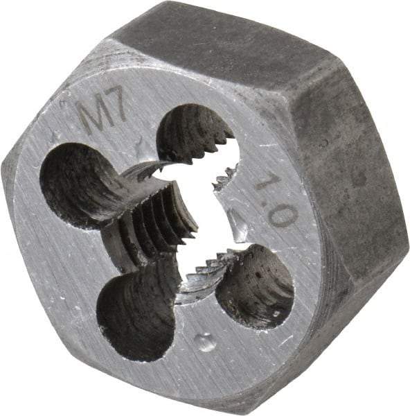 Interstate - M7x1.00 Metric Coarse Thread, 11/16" Hex, Right Hand Thread, Hex Rethreading Die - Carbon Steel, 1/4" Thick - Exact Tool & Supply