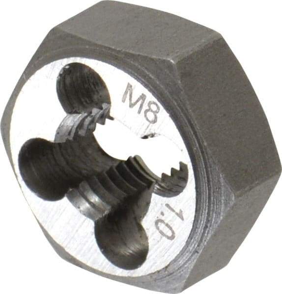 Interstate - M8x1.00 Metric Fine Thread, 11/16" Hex, Right Hand Thread, Hex Rethreading Die - Carbon Steel, 3/8" Thick - Exact Tool & Supply
