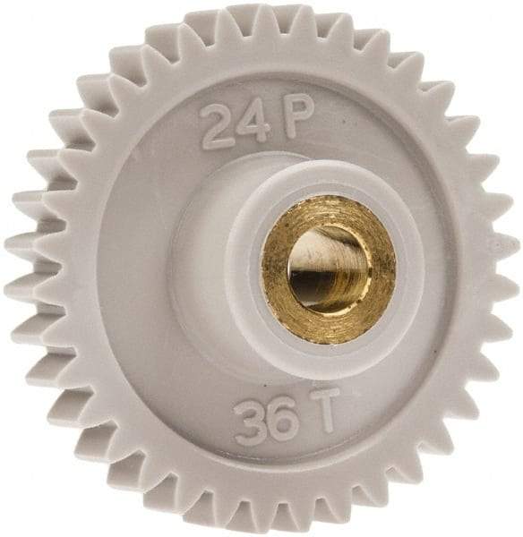 Made in USA - 24 Pitch, 1-1/2" Pitch Diam, 1.583" OD, 36 Tooth Spur Gear - 1/4" Face Width, 1/4" Bore Diam, 5/8" Hub Diam, 20° Pressure Angle, Acetal - Exact Tool & Supply