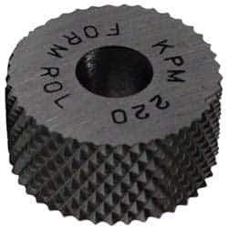 Made in USA - 1" Diam, 90° Tooth Angle, 20 TPI, Standard (Shape), Form Type High Speed Steel Male Diamond Knurl Wheel - 3/8" Face Width, 5/16" Hole, Circular Pitch, 30° Helix, Bright Finish, Series OU - Exact Tool & Supply