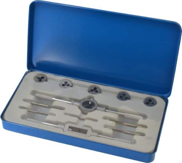 Interstate - #4-40 to #10-32 Tap, #4-40 to #10-32 Die, UNC, UNF, Tap and Die Set - Carbon Steel, Carbon Steel Taps, Adjustable, 12 Piece Set with Metal Case - Exact Tool & Supply