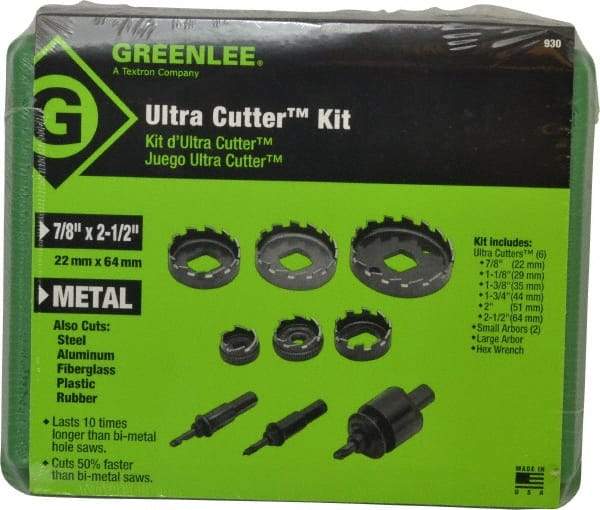 Greenlee - 9 Piece, 7/8" to 2-1/2" Saw Diam, Electrician's Hole Saw Kit - High Speed Steel, Toothed Edge, Includes 6 Hole Saws - Exact Tool & Supply