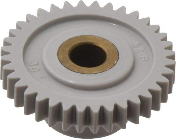 Made in USA - 32 Pitch, 1-1/8" Pitch Diam, 1-3/16" OD, 36 Tooth Spur Gear - 3/16" Face Width, 1/4" Bore Diam, 39/64" Hub Diam, 20° Pressure Angle, Acetal - Exact Tool & Supply