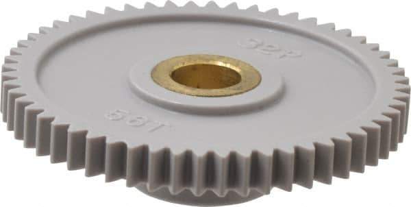 Made in USA - 32 Pitch, 1-3/4" Pitch Diam, 1-13/16" OD, 56 Tooth Spur Gear - 3/16" Face Width, 5/16" Bore Diam, 43/64" Hub Diam, 20° Pressure Angle, Acetal - Exact Tool & Supply