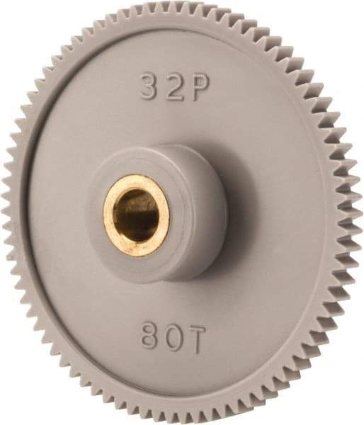Made in USA - 32 Pitch, 2-1/2" Pitch Diam, 2-9/16" OD, 80 Tooth Spur Gear - 3/16" Face Width, 5/16" Bore Diam, 13/16" Hub Diam, 20° Pressure Angle, Acetal - Exact Tool & Supply