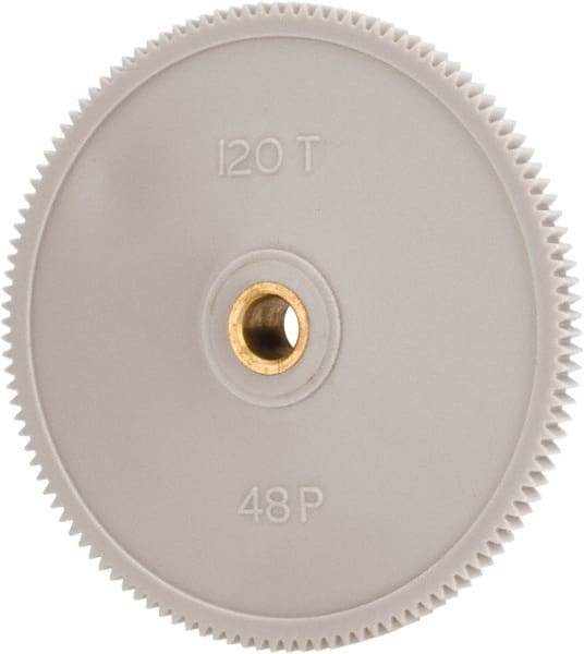 Made in USA - 48 Pitch, 2-1/2" Pitch Diam, 2.542" OD, 120 Tooth Spur Gear - 1/8" Face Width, 1/4" Bore Diam, 39/64" Hub Diam, 20° Pressure Angle, Acetal - Exact Tool & Supply