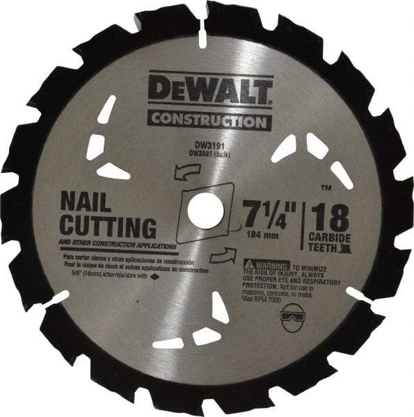 DeWALT - 7-1/4" Diam, 5/8" Arbor Hole Diam, 18 Tooth Wet & Dry Cut Saw Blade - Carbide-Tipped, General Purpose Action, Diamond Arbor - Exact Tool & Supply
