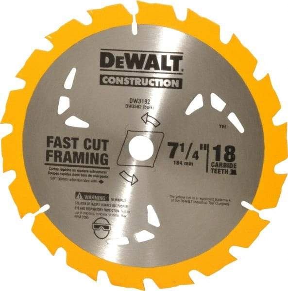 DeWALT - 7-1/4" Diam, 5/8" Arbor Hole Diam, 18 Tooth Wet & Dry Cut Saw Blade - Carbide-Tipped, General Purpose Action, Diamond Arbor - Exact Tool & Supply