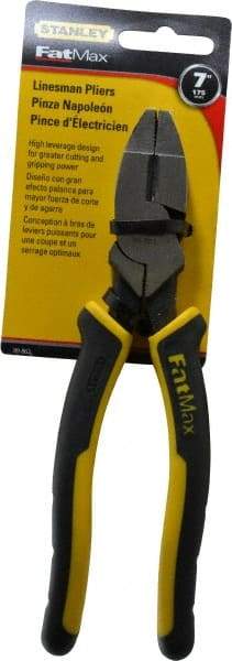 Stanley - 7-5/8" OAL, 1-1/2" Jaw Length x 1" Jaw Width, Side Cutting Linesman's Pliers - Serrated Jaw, Flat Nose Head, Bi-Material Cushion Grip Handles - Exact Tool & Supply