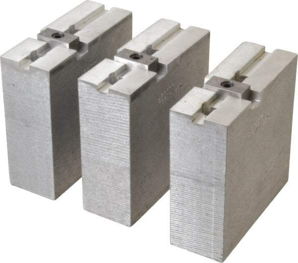 Abbott Workholding Products - 8" & Up Chuck Capacity, Tongue & Groove Attachment, Square Soft Lathe Chuck Jaw - 3 Jaws, Aluminum, 1-3/4" Btw Mount Hole Ctrs, 4" Long x 1-1/2" Wide x 4" High, 5/16" Groove, 3/8" Fastener - Exact Tool & Supply
