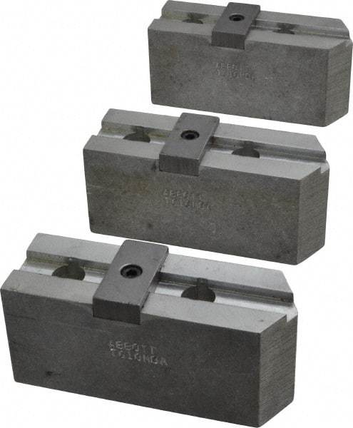 Abbott Workholding Products - 10" & Up Chuck Capacity, Tongue & Groove Attachment, Square Soft Lathe Chuck Jaw - 3 Jaws, Aluminum, 2-1/8" Btw Mount Hole Ctrs, 4-1/2" Long x 1-1/2" Wide x 2" High, 1/2" Groove, 1/2" Fastener - Exact Tool & Supply