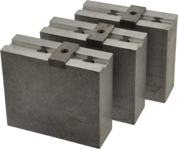 Abbott Workholding Products - 10" & Up Chuck Capacity, Tongue & Groove Attachment, Square Soft Lathe Chuck Jaw - 3 Jaws, Aluminum, 2-1/8" Btw Mount Hole Ctrs, 4-1/2" Long x 1-1/2" Wide x 4" High, 1/2" Groove, 1/2" Fastener - Exact Tool & Supply