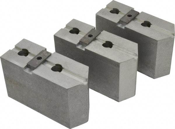 Abbott Workholding Products - 15 to 18" Chuck Capacity, Tongue & Groove Attachment, Square Soft Lathe Chuck Jaw - 3 Jaws, Aluminum, 3" Btw Mount Hole Ctrs, 6-1/2" Long x 2-1/2" Wide x 4" High, 1/2" Groove, 3/4" Fastener - Exact Tool & Supply