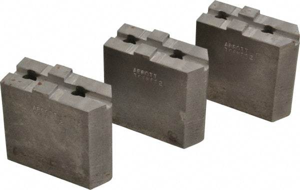 Abbott Workholding Products - 6" & Up Chuck Capacity, Tongue & Groove Attachment, Square Soft Lathe Chuck Jaw - 3 Jaws, Steel, 1-1/2" Btw Mount Hole Ctrs, 3" Long x 1-1/4" Wide x 3" High, 5/16" Groove, 3/8" Fastener - Exact Tool & Supply