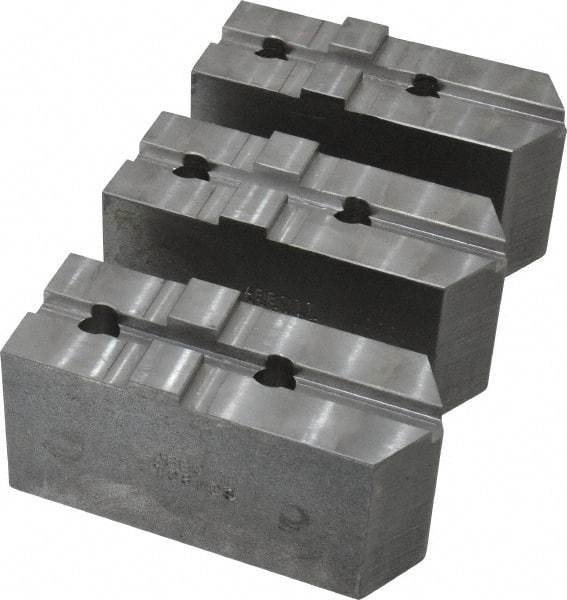 Abbott Workholding Products - 8" & Up Chuck Capacity, Tongue & Groove Attachment, Square Soft Lathe Chuck Jaw - 3 Jaws, Steel, 1-3/4" Btw Mount Hole Ctrs, 4" Long x 1-1/2" Wide x 2" High, 5/16" Groove, 1/2" Fastener - Exact Tool & Supply