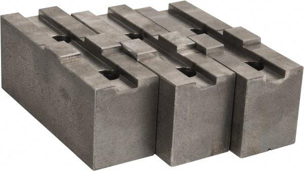 Abbott Workholding Products - 10" & Up Chuck Capacity, Tongue & Groove Attachment, Square Soft Lathe Chuck Jaw - 3 Jaws, Steel, 2-1/8" Btw Mount Hole Ctrs, 4-1/2" Long x 1-1/2" Wide x 2" High, 1/2" Groove, 1/2" Fastener - Exact Tool & Supply