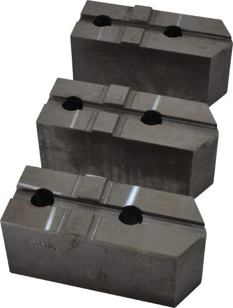 Abbott Workholding Products - 15 to 18" Chuck Capacity, Tongue & Groove Attachment, Square Soft Lathe Chuck Jaw - 3 Jaws, Steel, 3" Btw Mount Hole Ctrs, 6-1/2" Long x 2-1/2" Wide x 3" High, 1/2" Groove, 3/4" Fastener - Exact Tool & Supply