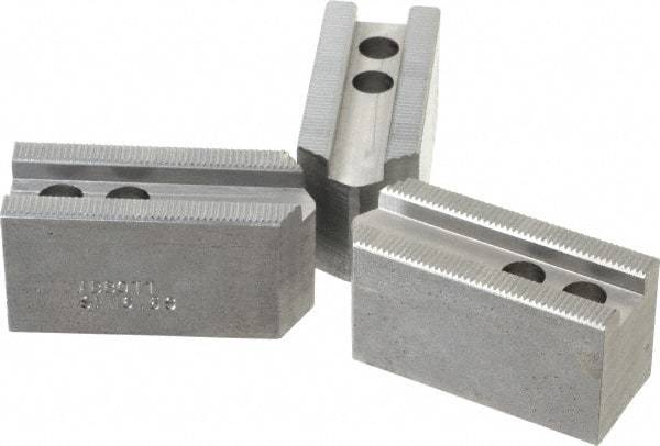 Abbott Workholding Products - 6-1/2" Chuck Capacity, 1/16" x 90 Serrated Attachment, Square Soft Lathe Chuck Jaw - 3 Jaws, Steel, 0.65" Btw Mount Hole Ctrs, 3" Long x 1-1/4" Wide x 1-1/2" High, 0.551" Groove, 0.3937" & 10mm Fastener - Exact Tool & Supply