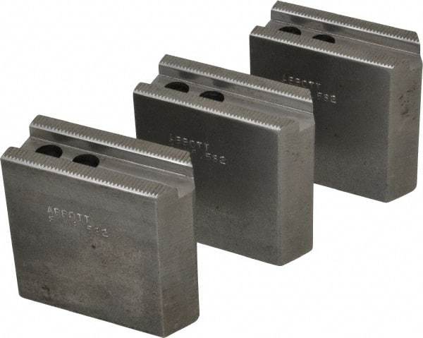 Abbott Workholding Products - 6-1/2" Chuck Capacity, 1/16" x 90 Serrated Attachment, Square Soft Lathe Chuck Jaw - 3 Jaws, Steel, 0.65" Btw Mount Hole Ctrs, 3" Long x 1-1/4" Wide x 3" High, 0.551" Groove, 0.3937" & 10mm Fastener - Exact Tool & Supply