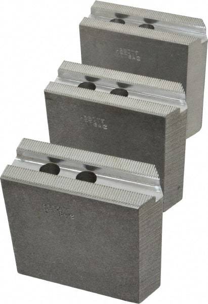 Abbott Workholding Products - 8" & Up Chuck Capacity, 1.5mm x 60° Serrated Attachment, Square Soft Lathe Chuck Jaw - 3 Jaws, Aluminum, 63/64" Btw Mount Hole Ctrs, 4" Long x 1-1/2" Wide x 4" High, 0.5512" Groove, 0.4724" & 12mm Fastener - Exact Tool & Supply