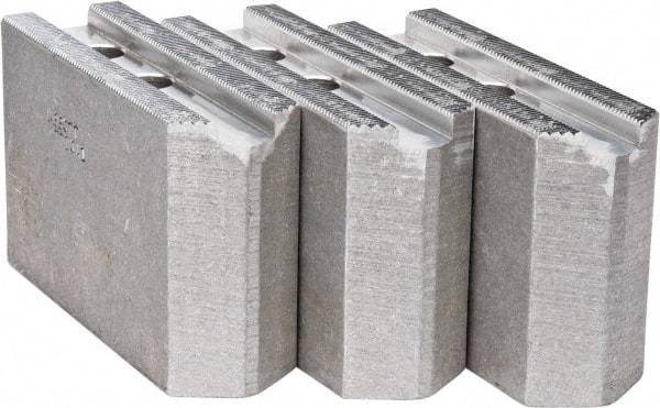 Abbott Workholding Products - 10" & Up Chuck Capacity, 1.5mm x 60° Serrated Attachment, Square Soft Lathe Chuck Jaw - 3 Jaws, Aluminum, 1.1811" Btw Mount Hole Ctrs, 4-1/2" Long x 1-1/2" Wide x 3" High, 0.6299" Groove, 0.4724" & 12mm Fastener - Exact Tool & Supply